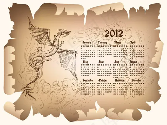 羊皮纸2012年日历矢量图ai矢量模版下载