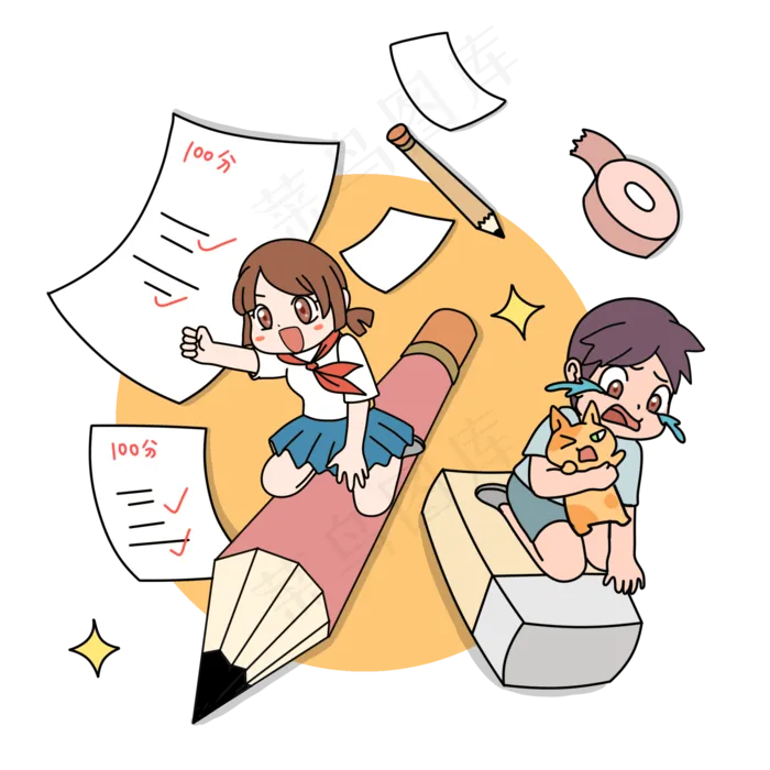 骑着铅笔飞行的卡通小女孩和坐着骑着铅笔飞行的卡通小女孩和坐着ai矢量模版下载