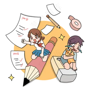 骑着铅笔飞行的卡通小女孩和坐着骑着铅笔飞行的卡通小女孩和坐着