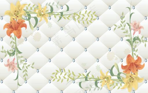 3D砖石软包浪漫百合背景墙