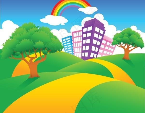 一个丰富多彩的卡通风景矢量素材