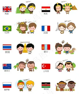 十国国旗人物地标矢量素材