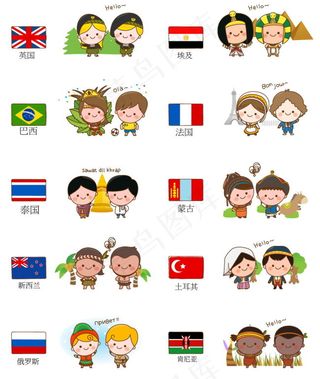 十国国旗人物地标矢量素材