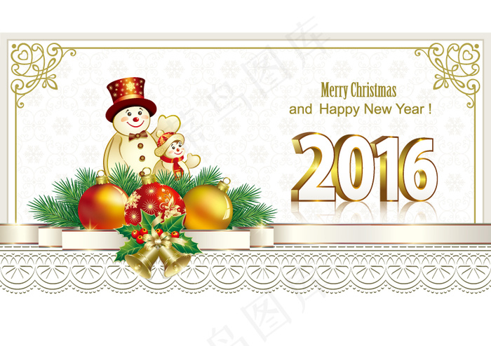 2016年雪人新年贺卡矢量素材