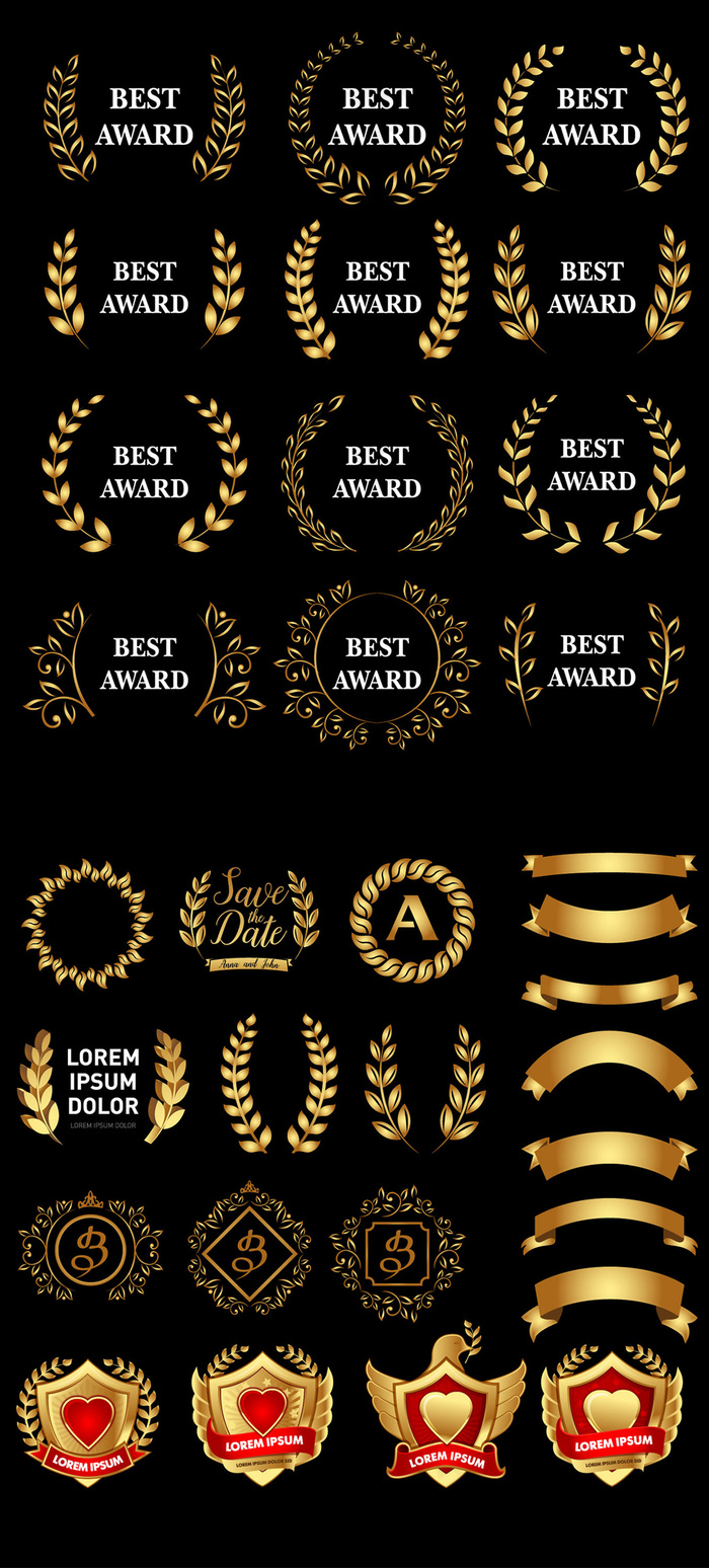 多款金色桂冠奖牌徽章元素集合矢量素...