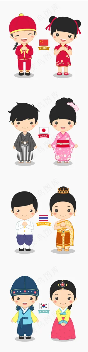 矢量元素手绘Q版各个名族国家男女结...