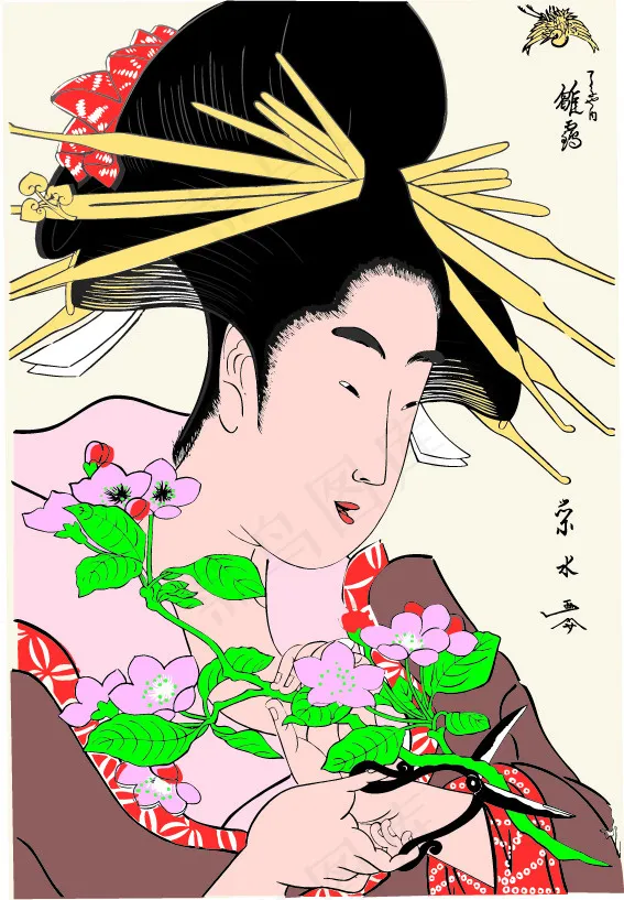 插花日本妇女ai矢量模版下载