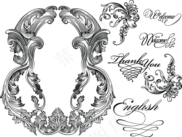 欧式华丽花纹矢量4颜色