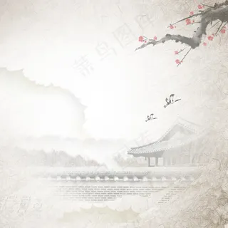 中国风唯美素材梅花楼宇笔墨风景图
