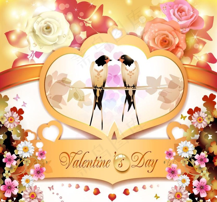 玫瑰鲜花小鸟 情人节背景图片