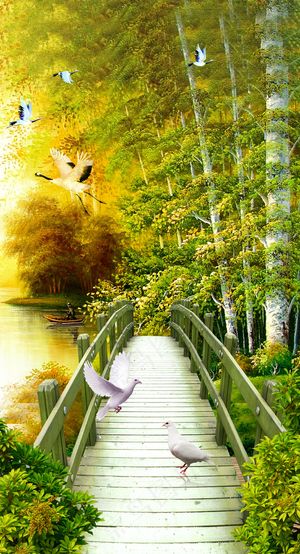 清新林荫路小桥玄关过道背景墙