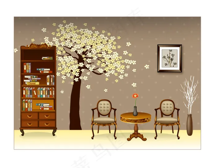 家居书房书柜矢量图