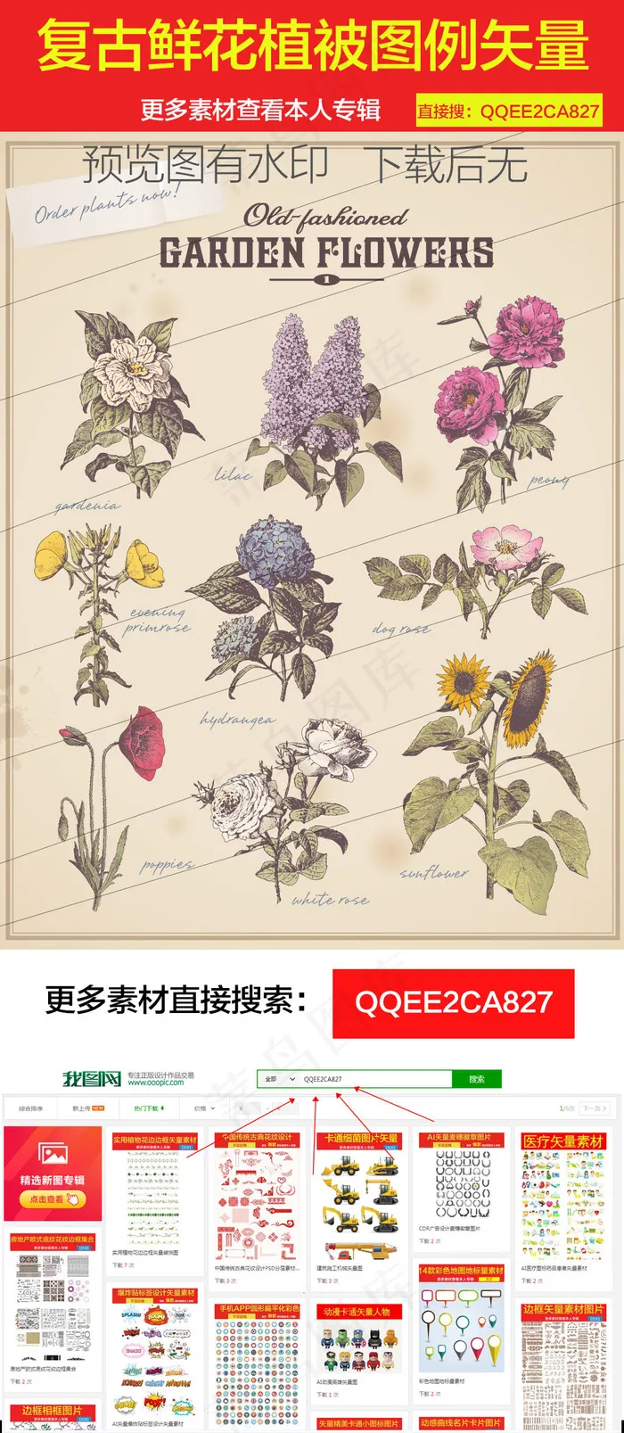 复古鲜花植被图矢量素材ai矢量模版下载