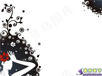 卡通插画美女黑色花纹背景PPT模板
