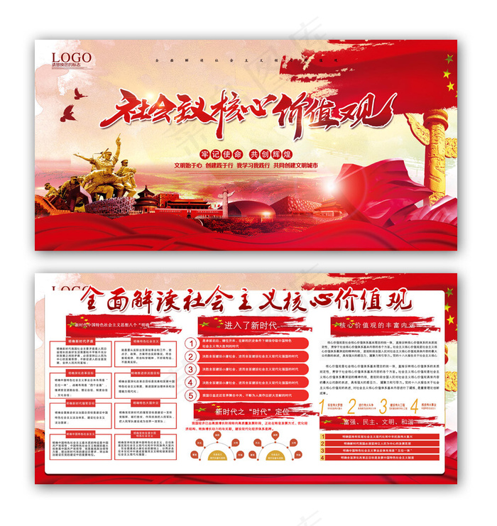 全面解读*核心价值观党建党课党政团建共产党海报展板(7087X3543(DPI:150))psd模版下载