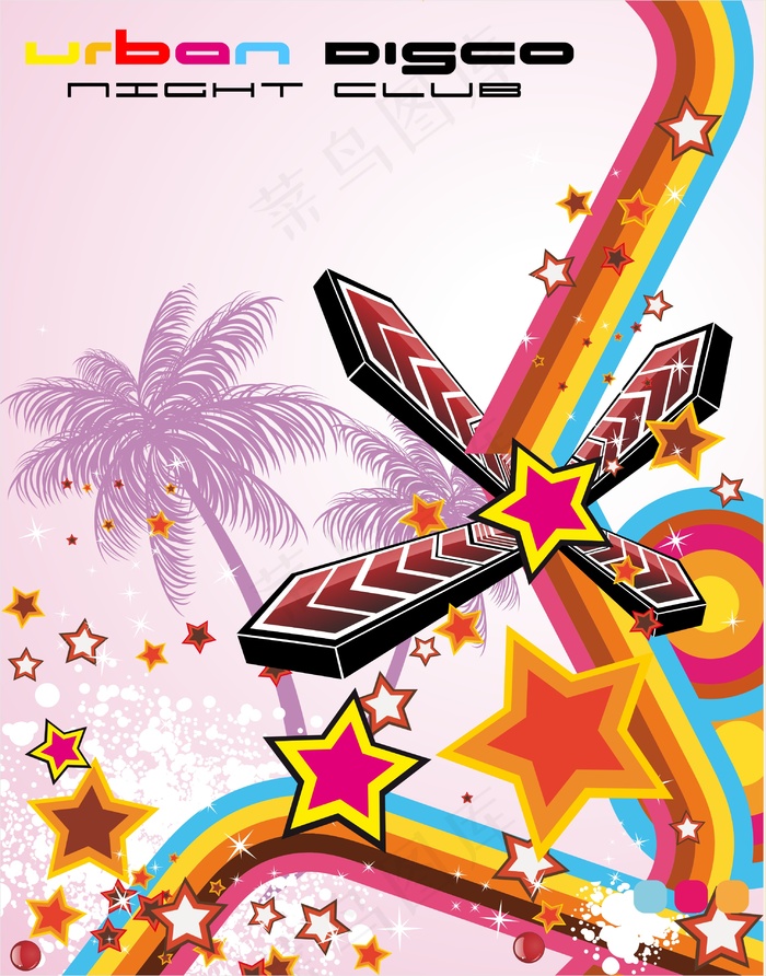 音乐海报背景矢量图吉他星星彩虹