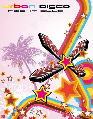 音乐海报背景矢量图吉他星星彩虹