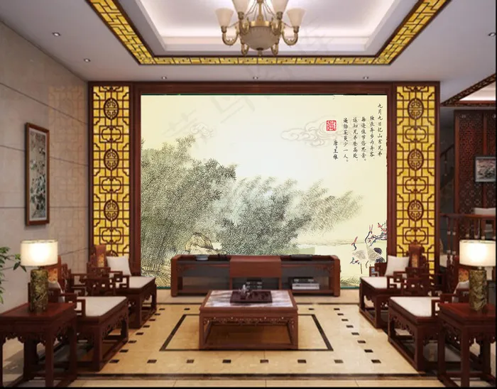 水墨山水中式玄关背景墙壁画壁纸psd模版下载