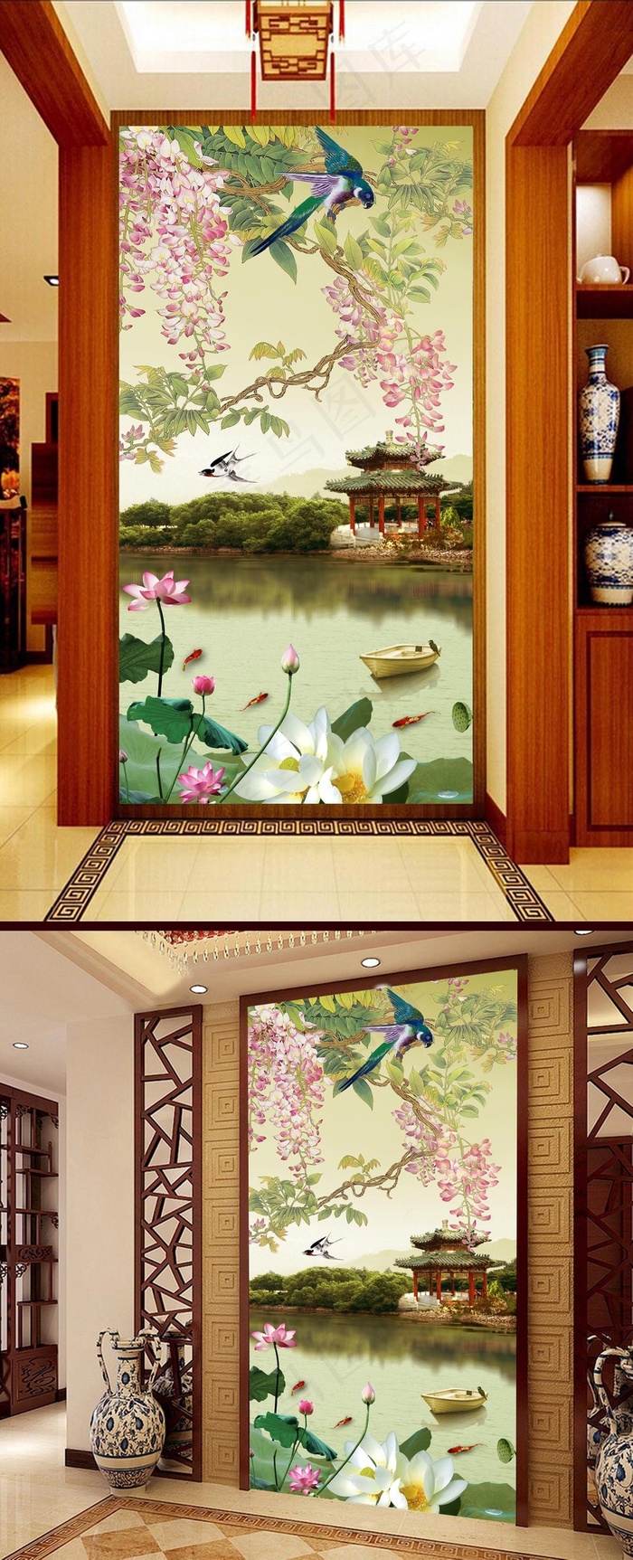 工笔花鸟荷花风景画古典玄关壁画背景...