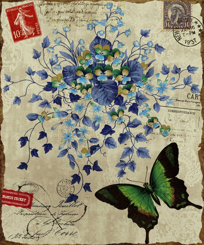 鲜花旁边的蝴蝶油画图片(1969X2362(DPI:100))psd模版下载