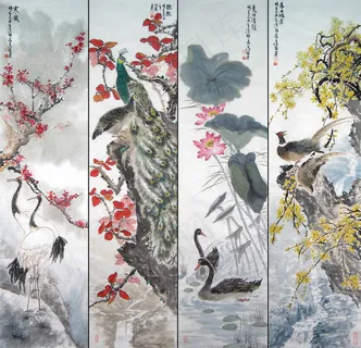 四屏动物水墨画 四屏动物水墨画