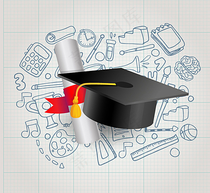 博士帽与毕业证书矢量素材图片