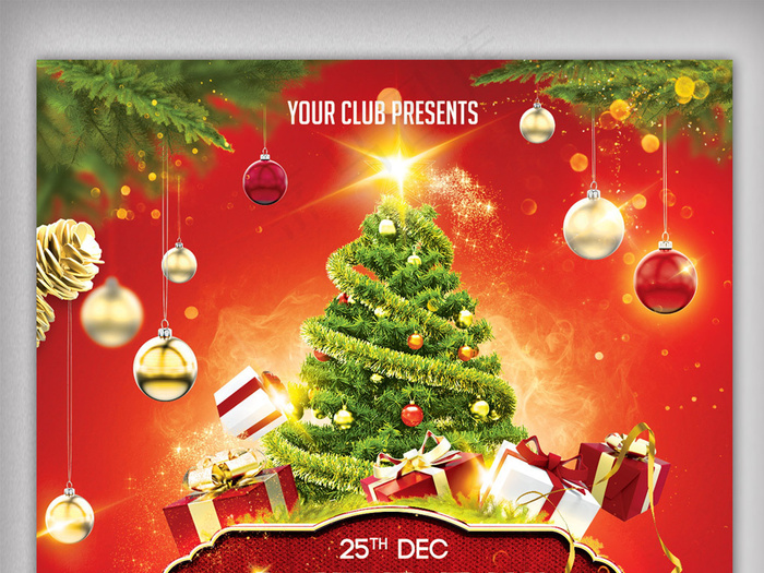 红色喜庆圣诞节圣诞树海报