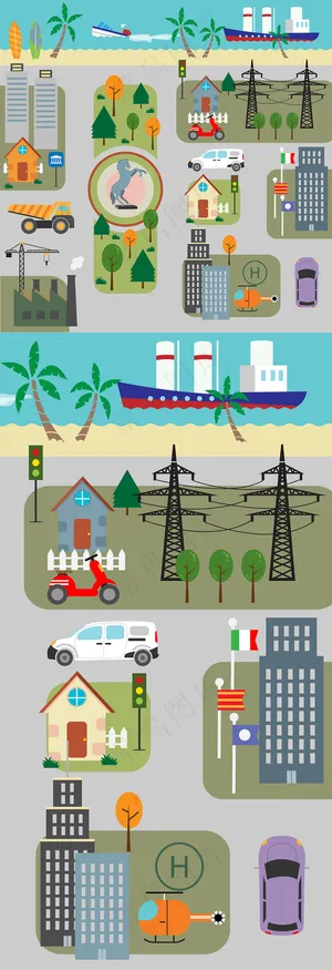 扁平化海边街道和建筑风景插画矢量素...