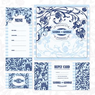 蓝色植物花纹婚礼请贴