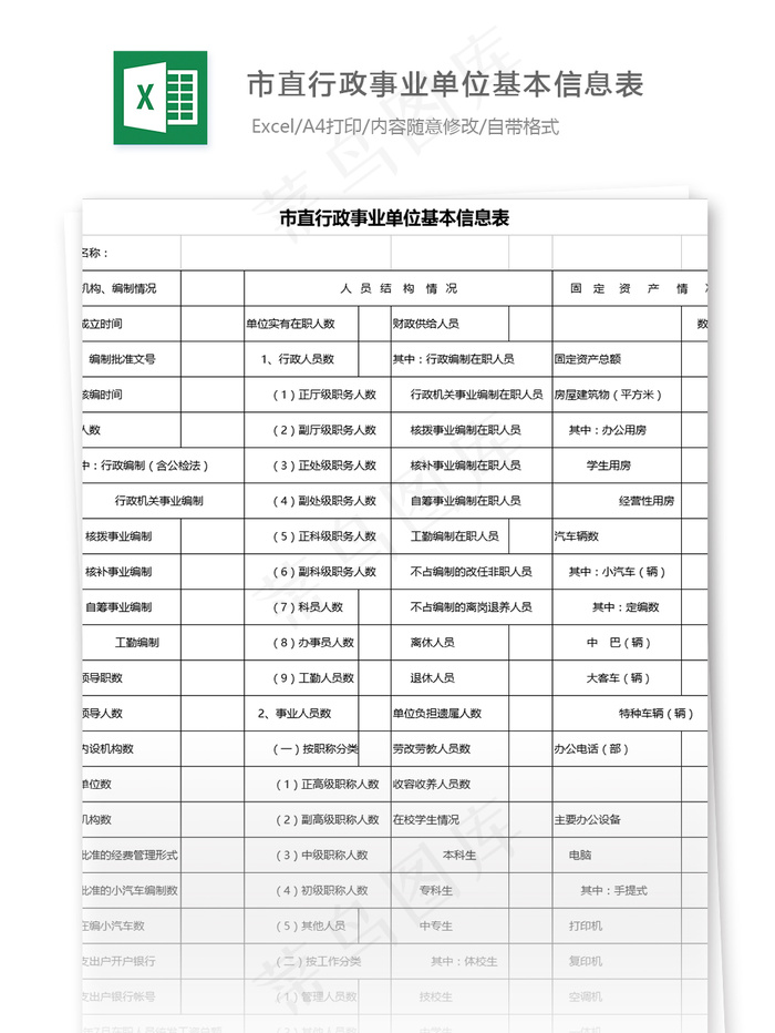 市直行政事业单位基本信息表格