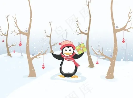 与企鹅冬天背景矢量插图