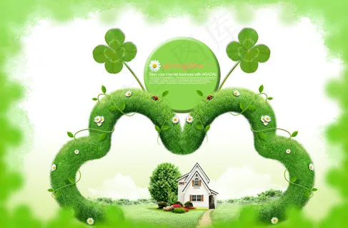 绿色边框后的房屋和四叶草