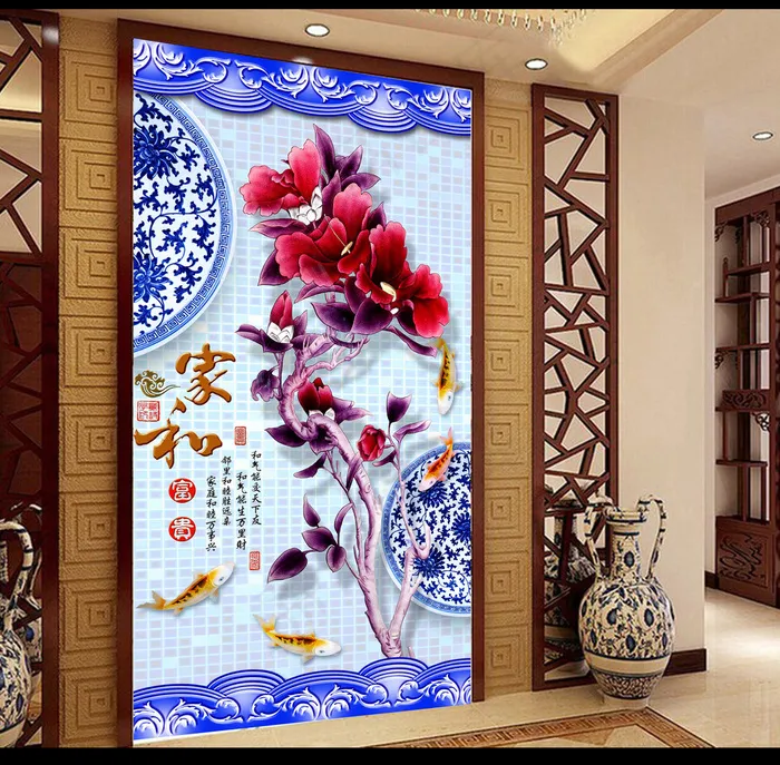 高清分层3D青花瓷玄关写真图(3402X6803(DPI:72))psd模版下载
