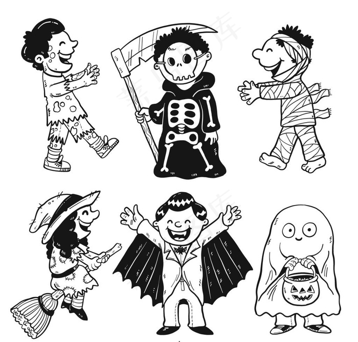 手绘线稿万圣节孩子们装扮
