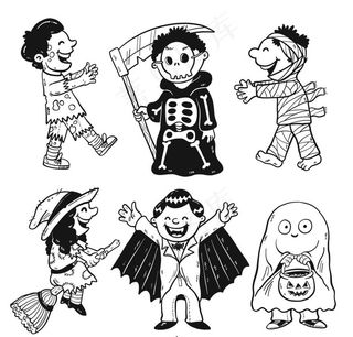 手绘线稿万圣节孩子们装扮