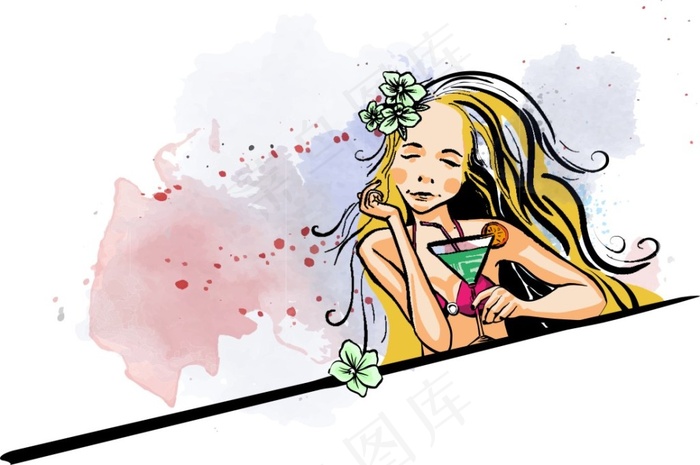水彩喷溅与卡通女孩漫画