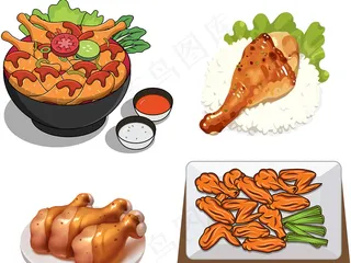 卡通美味美食油炸鸡腿香烤鸡腿餐饮素...