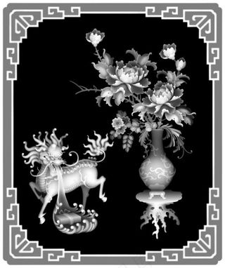 麒麟花瓶牡丹灰度图