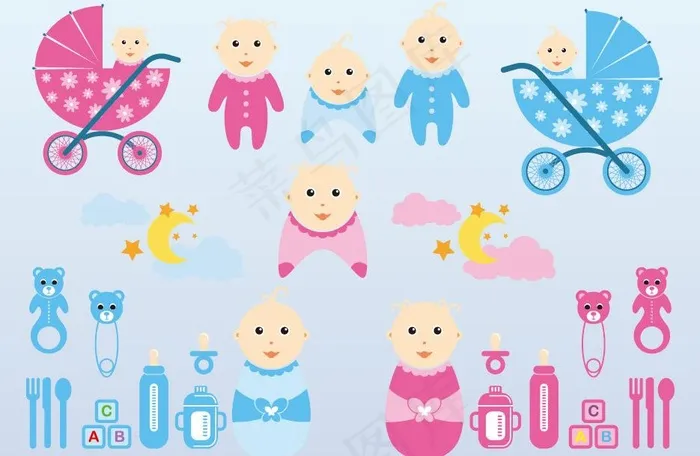 手绘卡通婴儿宝宝生活用品图片eps,ai矢量模版下载