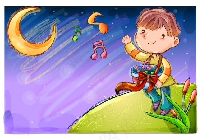 看月亮敲鼓的小男孩