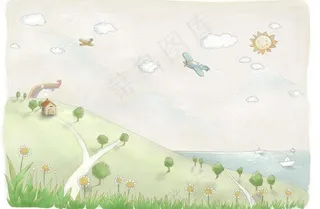 手绘淡彩风景画图片