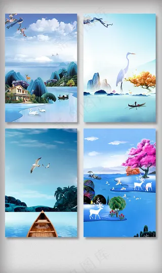 新中式水墨山水海报背景素材