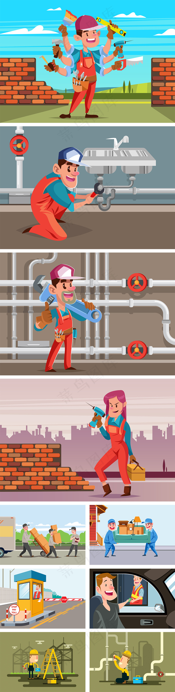 修理维修工搬家公司矢量人物集合