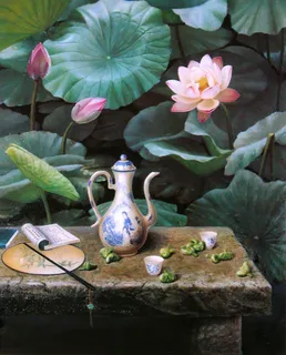荷花茶壶静物作品 荷花茶壶静物作品