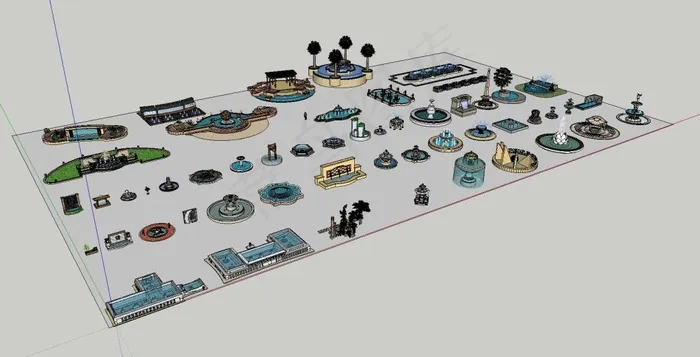 景区公园喷泉水池su模型