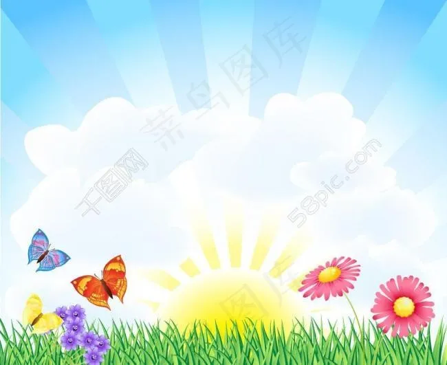 草地鲜花蝴蝶 春天背景图片eps,ai矢量模版下载