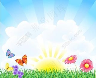 草地鲜花蝴蝶 春天背景图片