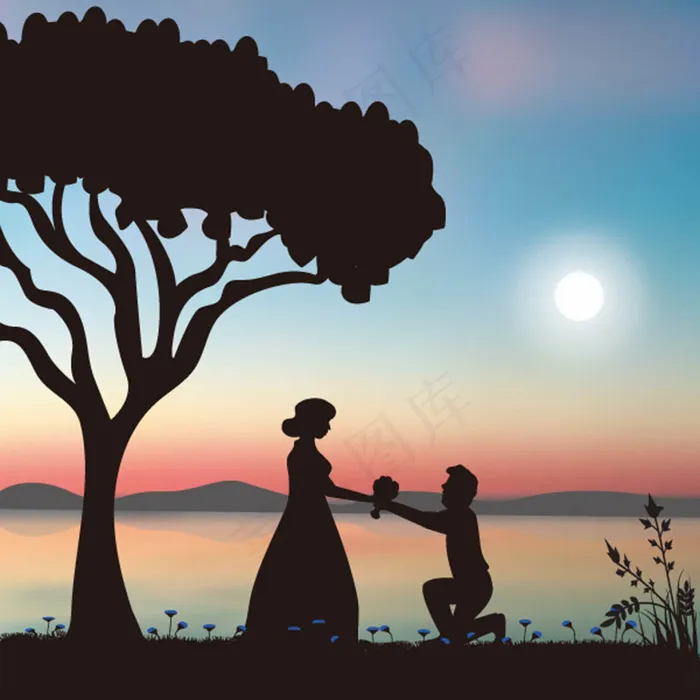 夕阳下的情侣剪影矢量素材eps,ai矢量模版下载