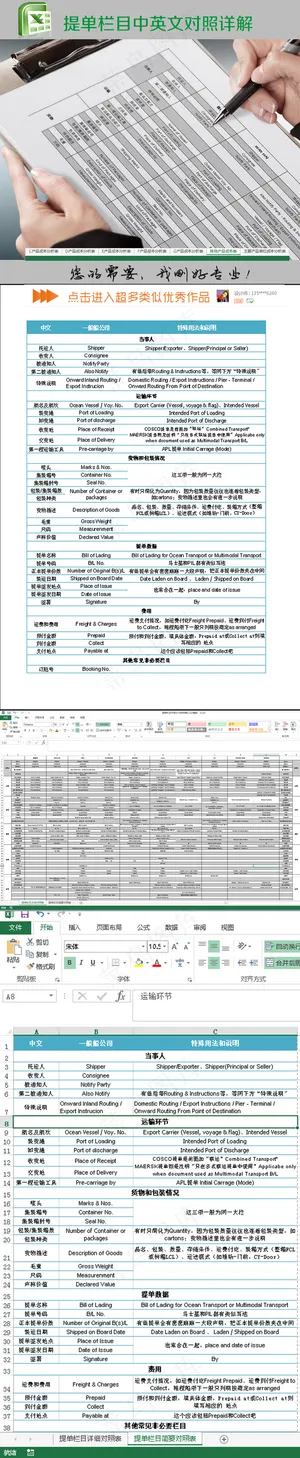 提单栏目中英文对照详解excel模...