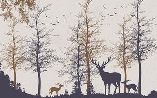 复古森林麋鹿树林飞鸟背景墙